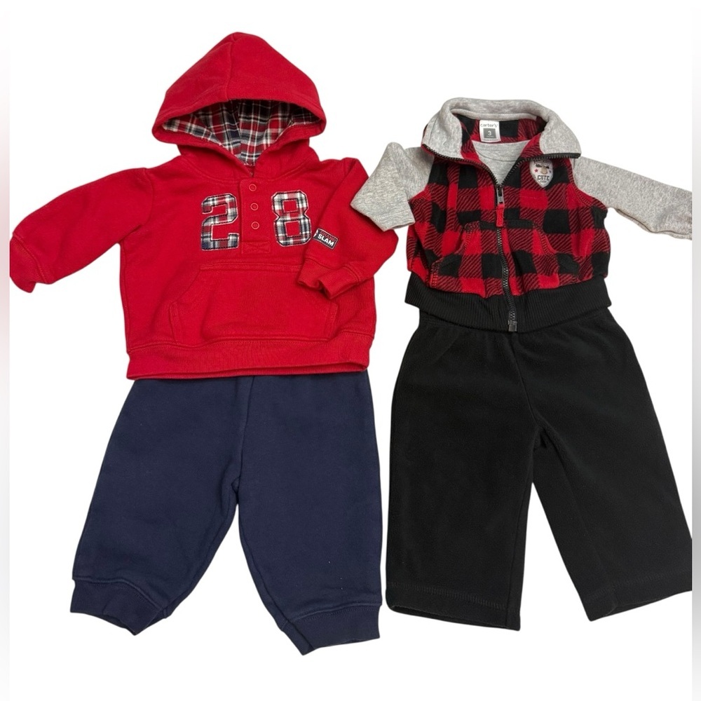 Carter's Red and Black Plaid Vest with Gray Shirt W/ Hoodie & Pant Set